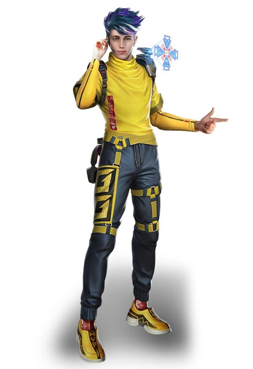 Spiky-haired boy in a yellow turtleneck and black geometric pants points forward while holding a red device.