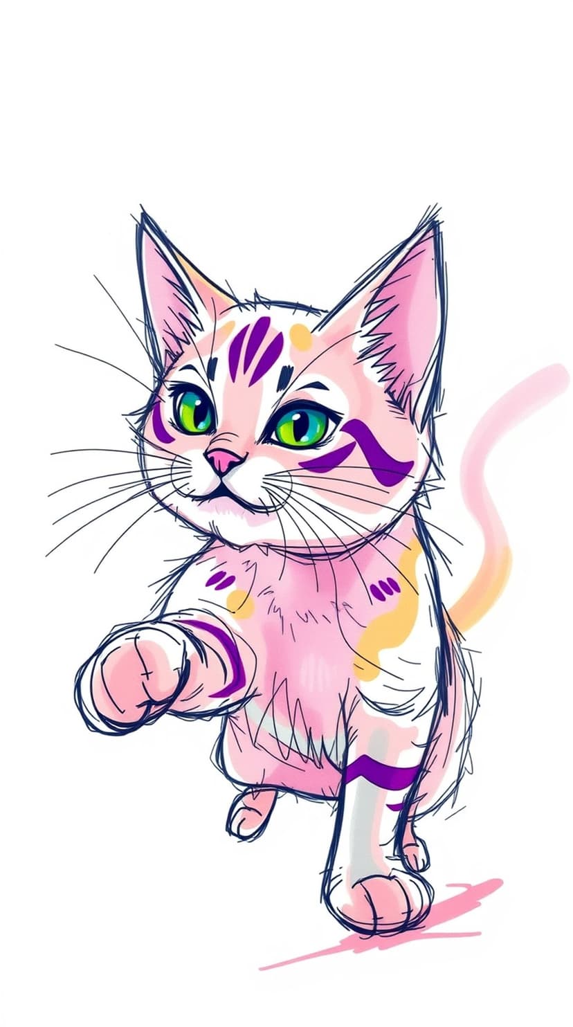 Pink and purple kitten with emerald eyes walks with one paw raised in a whimsical, sketchy art style.
