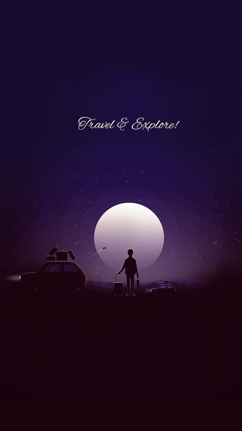 A traveler stands near stacked luggage under a giant glowing moon and a purple starry sky with a flying airplane.