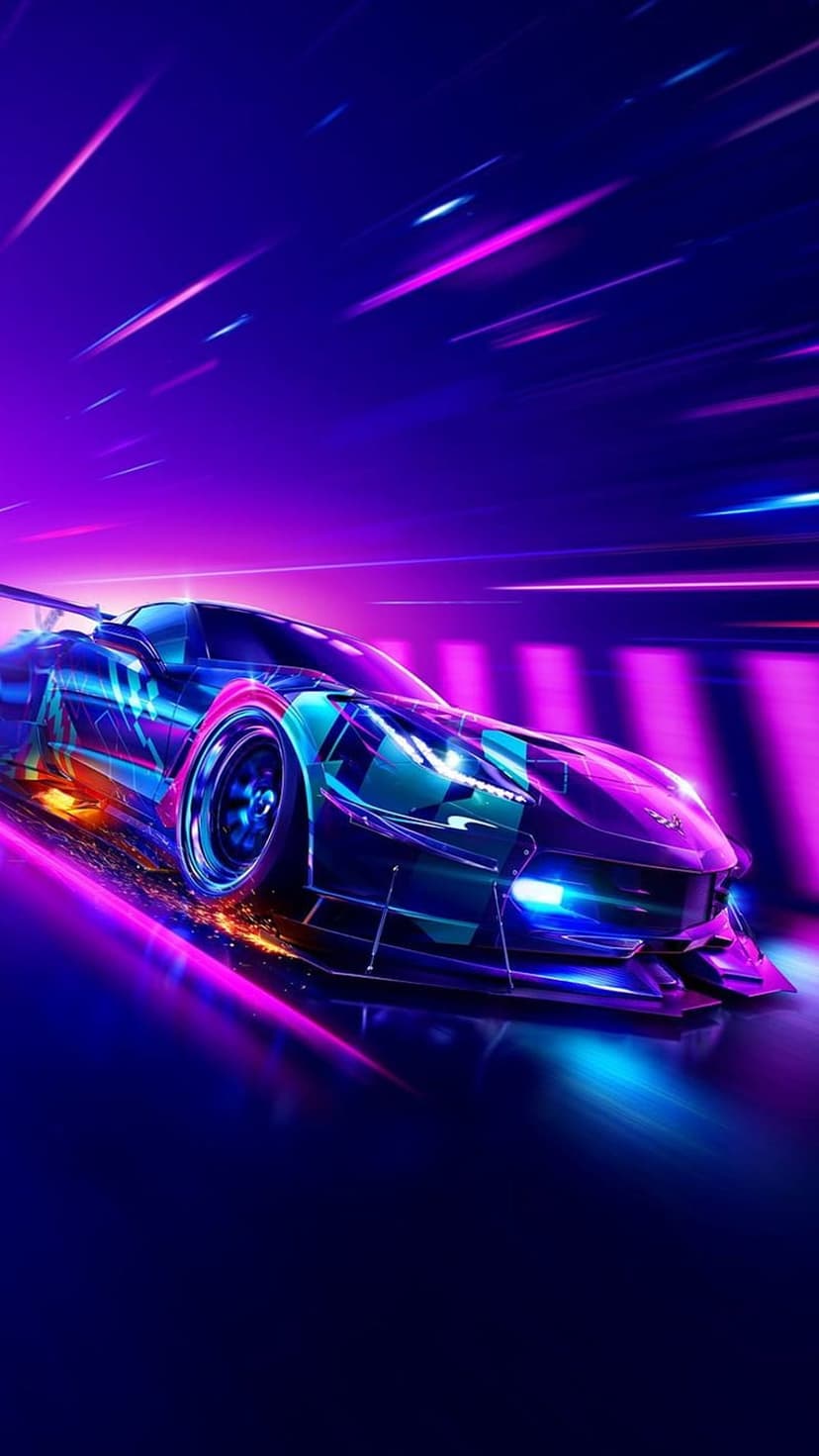 Sleek futuristic racing car zooms past neon pink and blue light trails with glowing teal accents and motion blur.