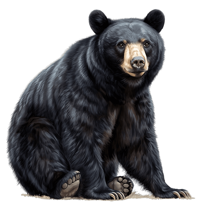Black bear sitting in a natural pose showing detailed fur texture, sharp claws, and a realistic muzzle area.