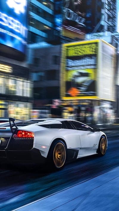 White Lamborghini Murciélago Neon City Night Wallpaper