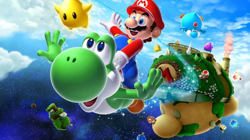 Mario riding Yoshi through a starry galaxy with Starship Mario and colorful Lumas in a bright space scene.