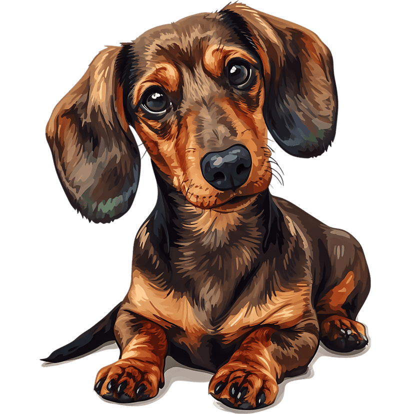Dachshund puppy illustration with brown and black fur sits calmly against a solid dark studio background.