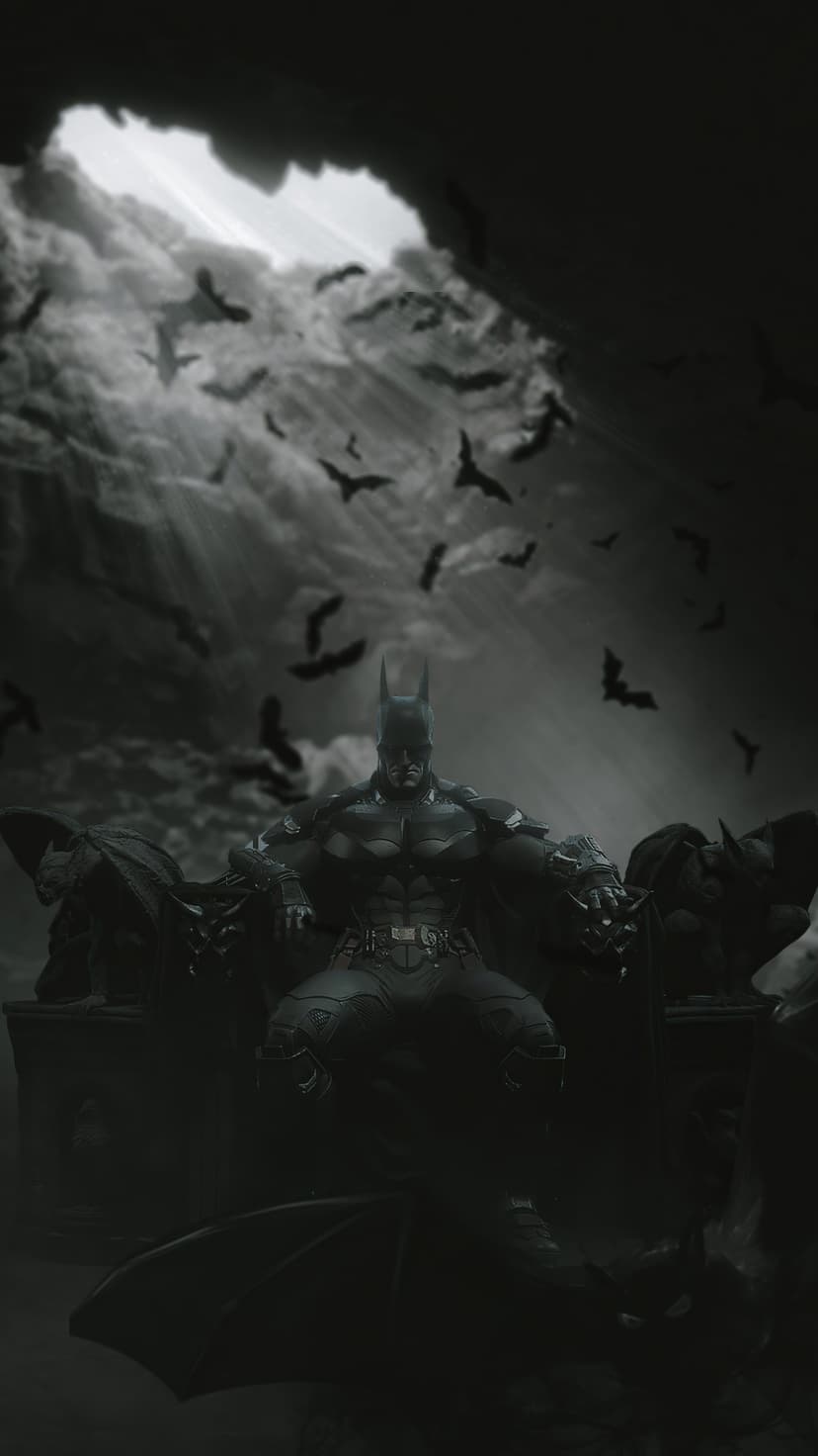 Batman sits on a massive throne as bats fly through dark clouds and beams of light in this monochrome scene.