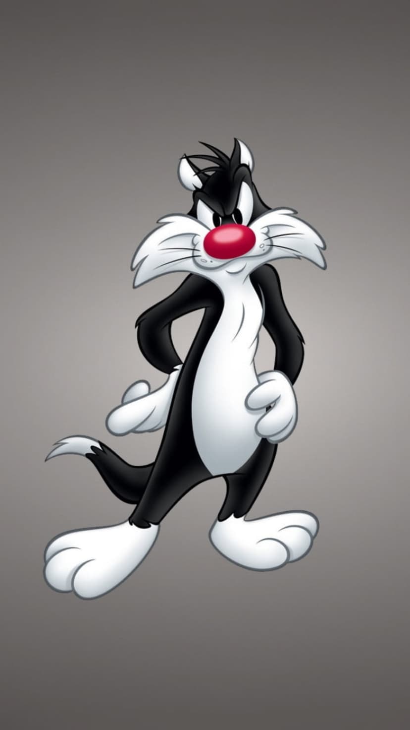 Sylvester the Cat stands confidently with paws on his hips against a smooth, neutral grey gradient background.