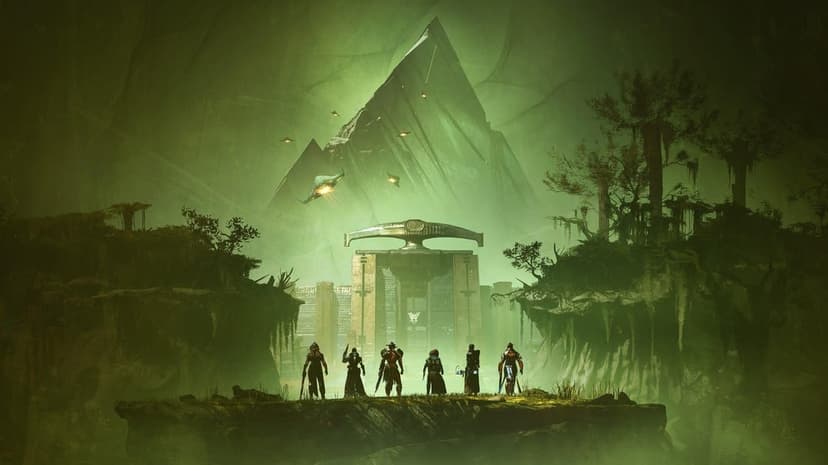 Six sci-fi warriors overlook a massive pyramid and stone gate in a hazy, glowing green swamp landscape.