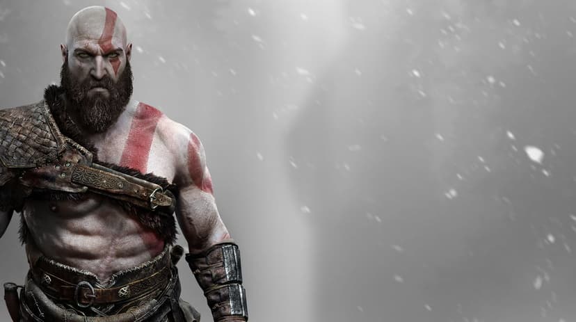 Bearded Kratos with red facial tattoo wearing leather armor stands against a misty, snowy background.
