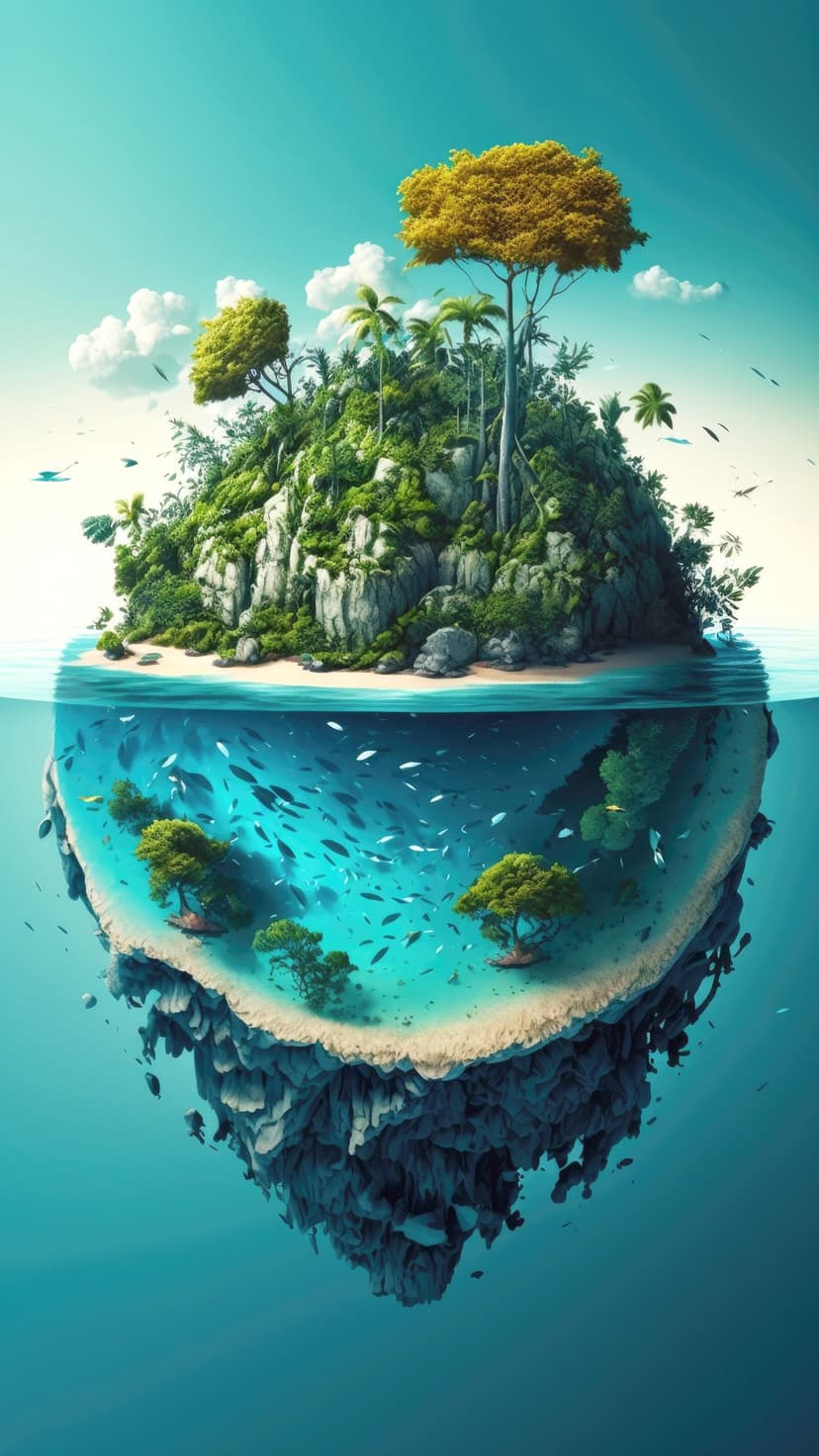 Floating island with trees and a beach above a vibrant coral reef teeming with fish in clear blue water.