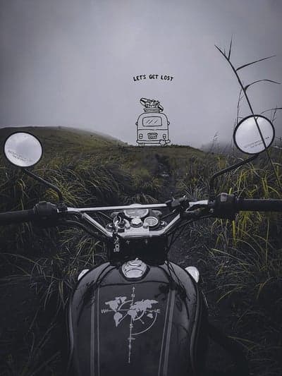 Motorcycle adventure in misty mountains with vintage van illustration