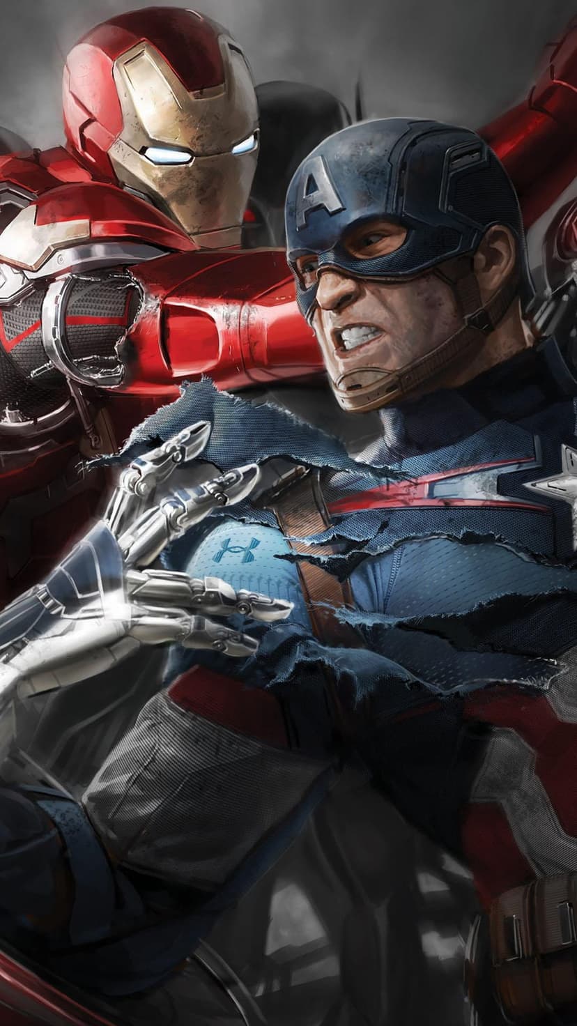 Iron Man's metallic hand grips Captain America's torn suit during a gritty battle with visible facial strain.