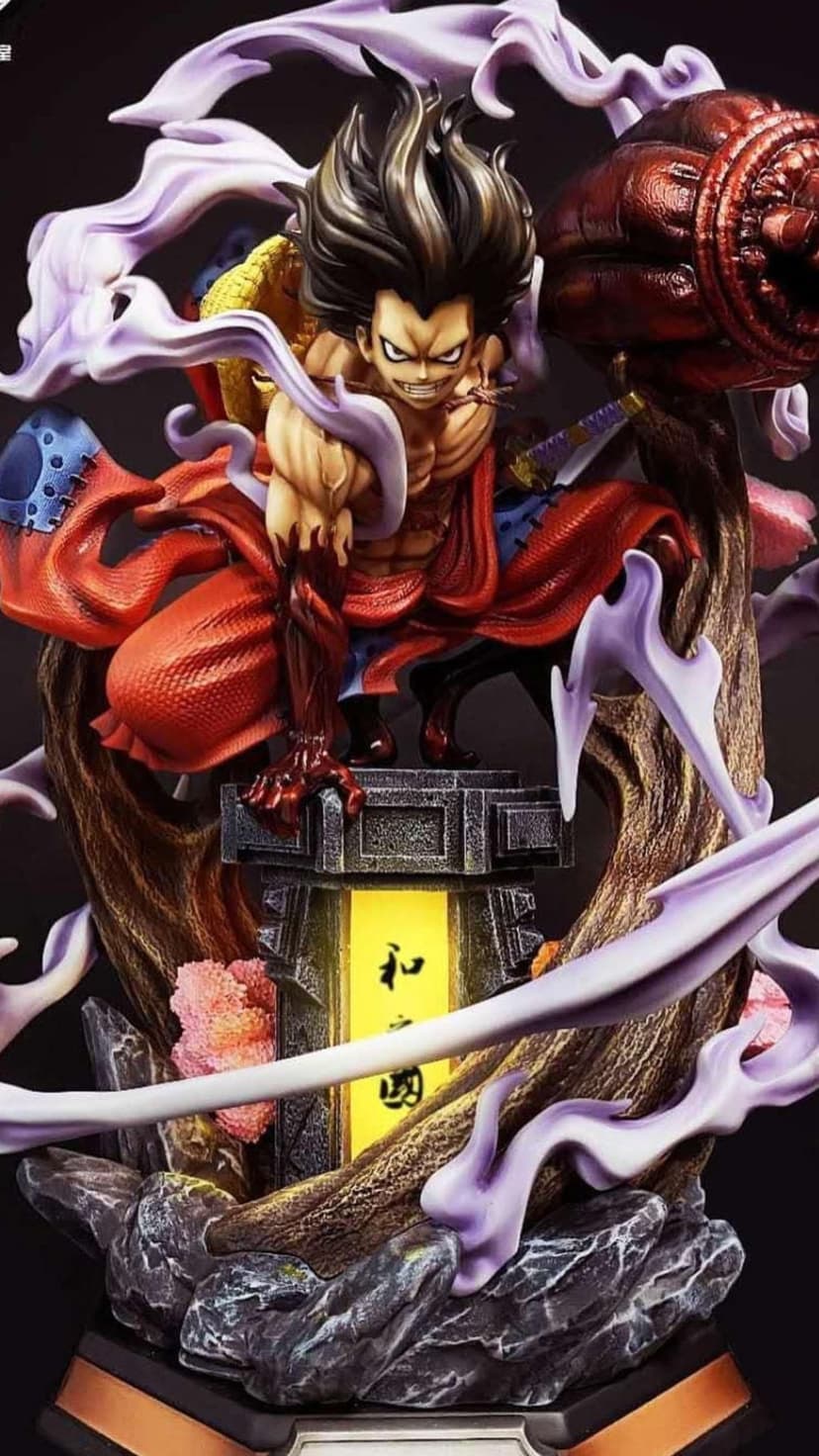 Monkey D. Luffy in Gear 5 Nika form laughs while surrounded by swirling purple smoke and a stone lantern.