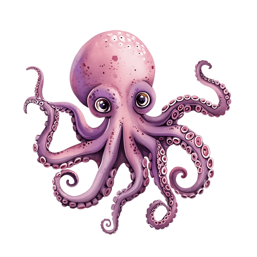Pink octopus cartoon with large white eyes and curly tentacles stands isolated against a transparent background.