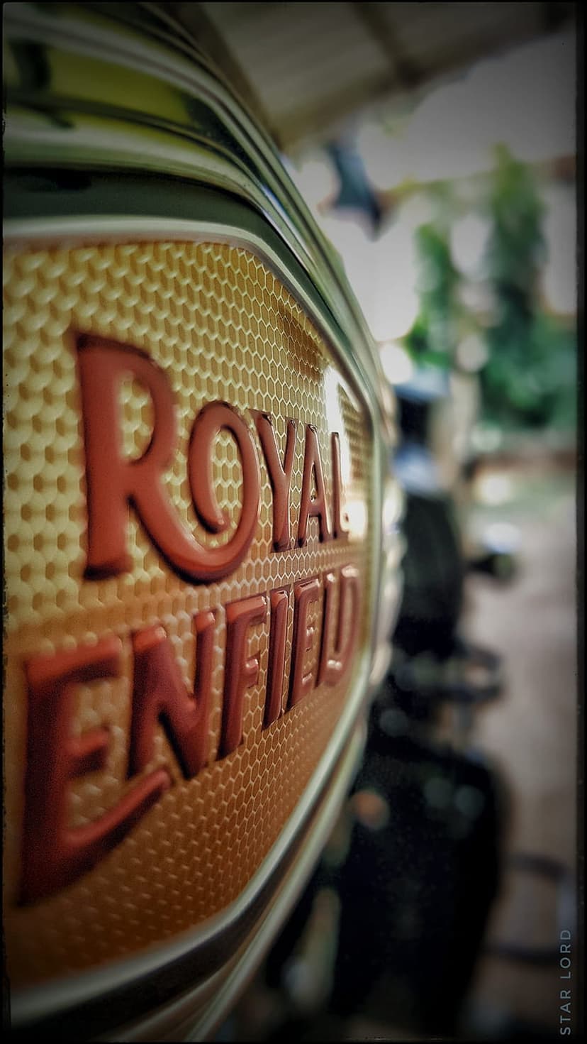 Royal Enfield emblem with red letters on a golden honeycomb mesh surface with a blurred background.