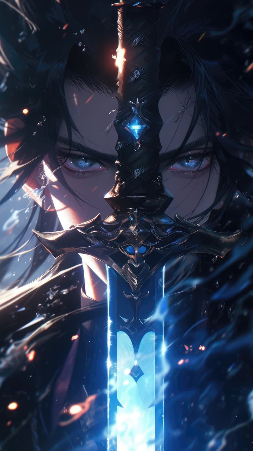 Warrior with piercing blue eyes holds a glowing azure sword vertically against a dark, spark-filled background.