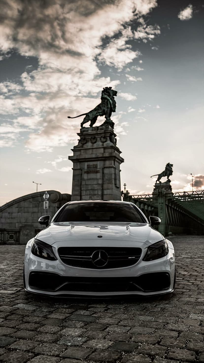 White Mercedes-AMG C63 S Coupe parked on a cobblestone road between two stone lion statues during a dramatic sunset.