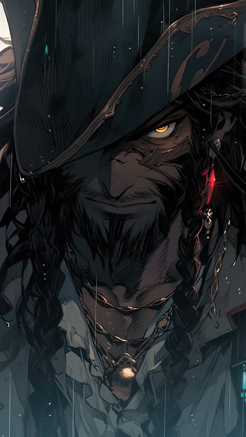 Pirate captain with glowing yellow eyes wears a tricorn hat and jewelry during a heavy rainstorm at night.
