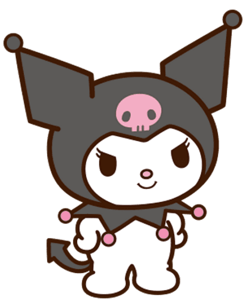 Kuromi character illustration featuring a black jester hat with pink skull and pointed bunny ears on white skin.