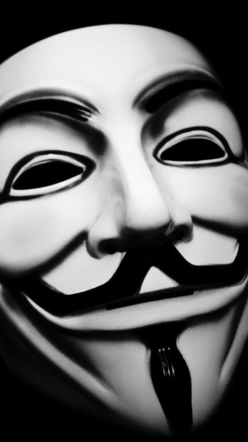 Guy Fawkes mask in high-contrast black and white featuring deep eye sockets, a thin mustache, and a subtle smile.