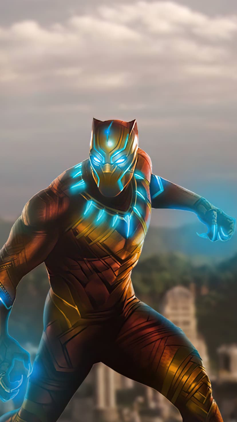 Black Panther in a black vibranium suit with glowing blue energy lines across his chest, mask, and hands.