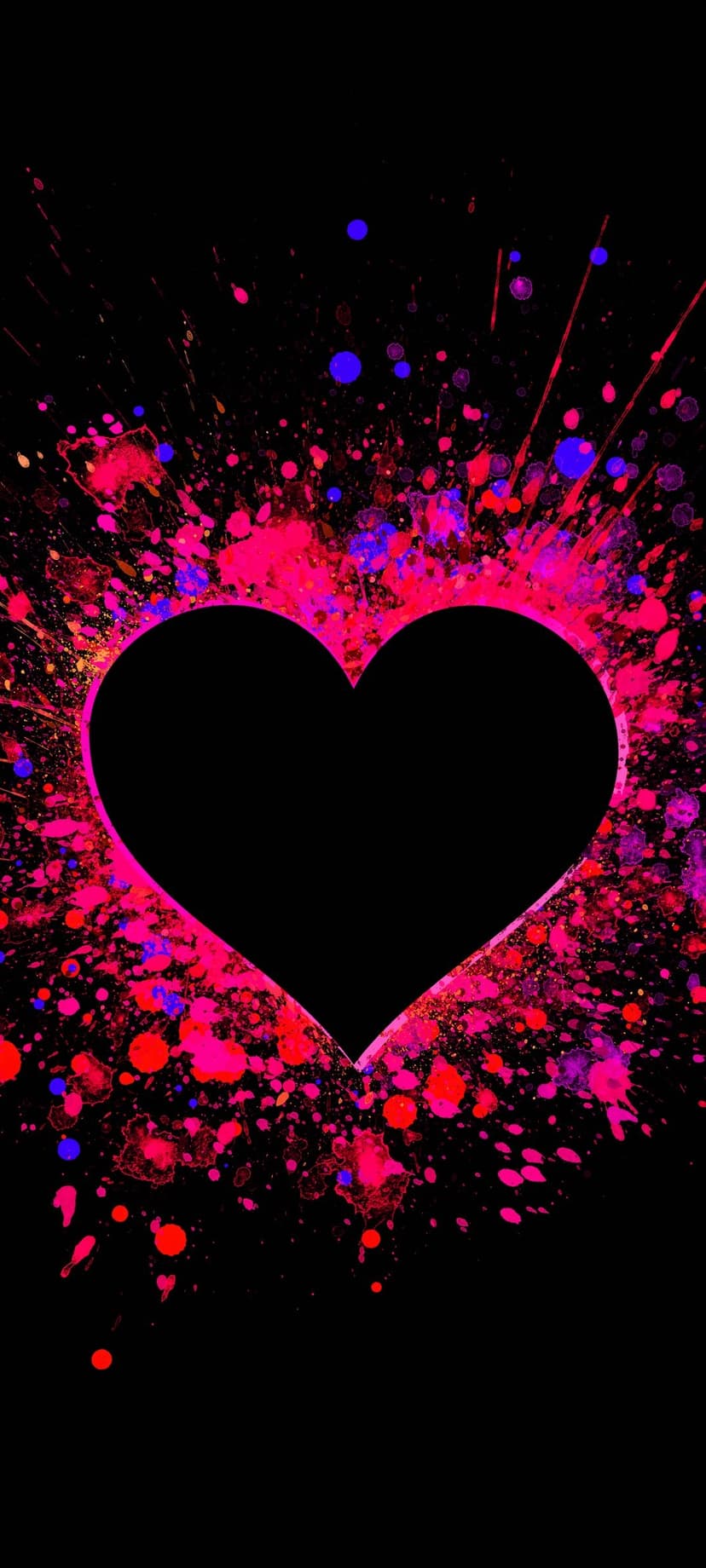 Black heart shape centered on a dark backdrop surrounded by explosive neon pink and electric blue paint splatters.