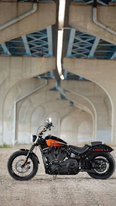 Harley-Davidson motorcycle parked under bridge