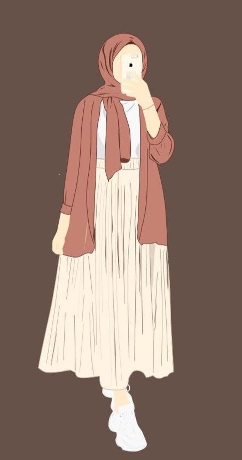 Muslim woman in a pink hijab and beige skirt takes a smartphone selfie against a solid brown background.
