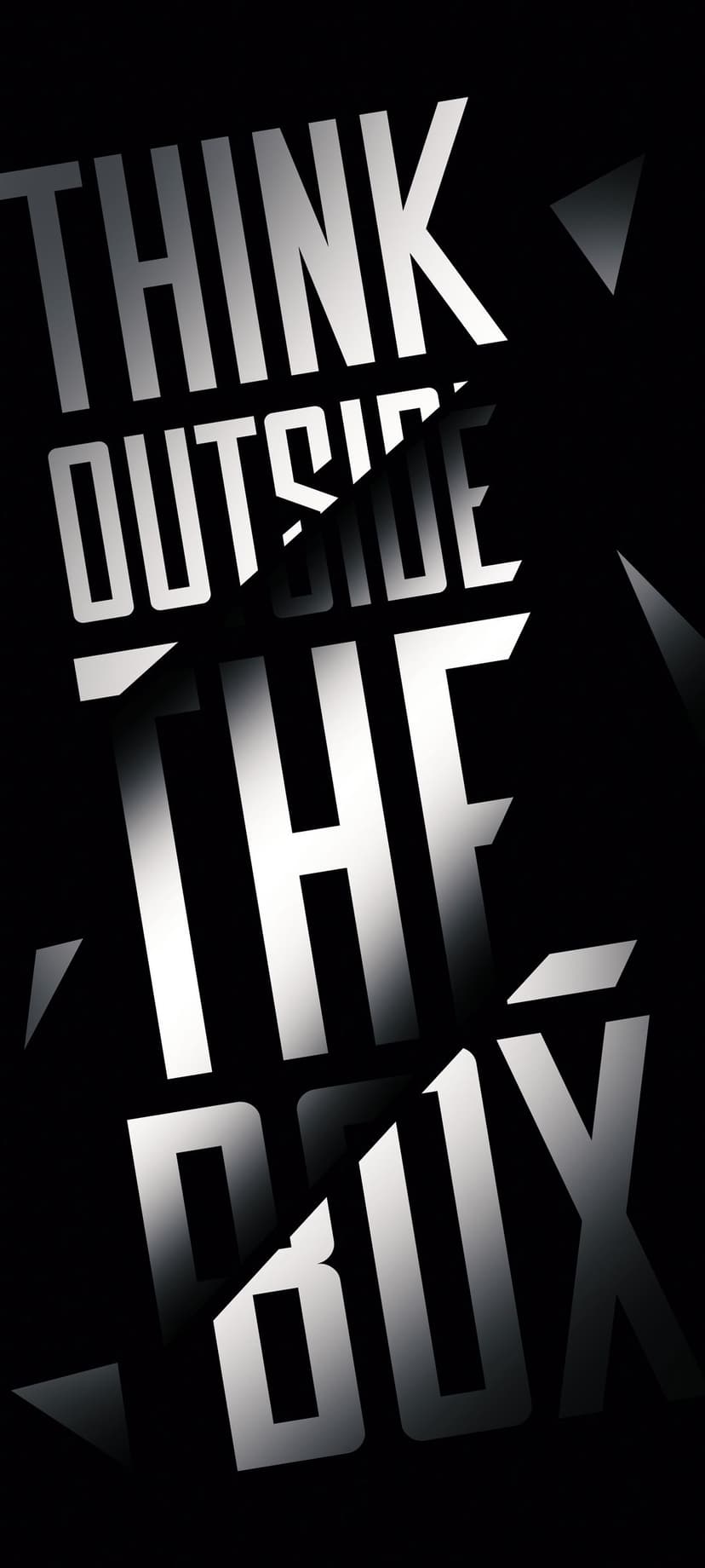Think Outside The Box 3D metallic silver text with sharp edges displayed against a solid matte black background.