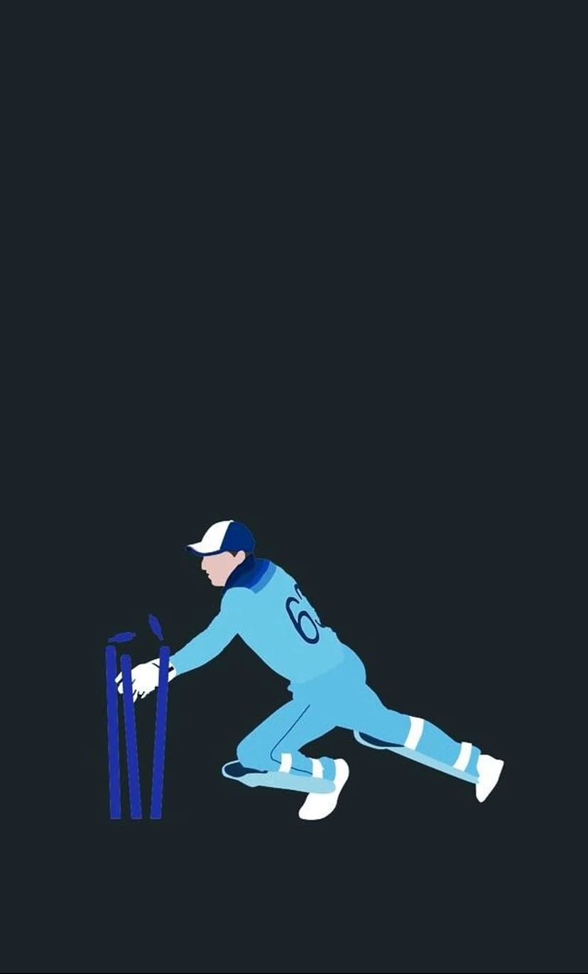 Cricket wicketkeeper in a blue uniform crouches behind three stumps against a textured dark gray backdrop.