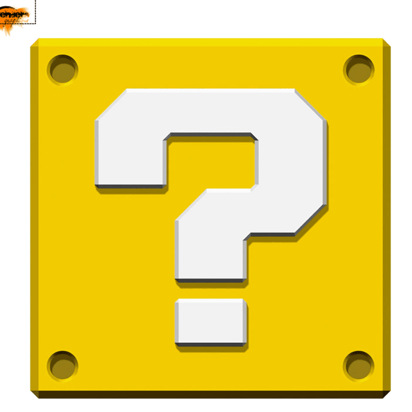 Yellow question mark block icon with a thick black border and white center punctuation on a plain background.