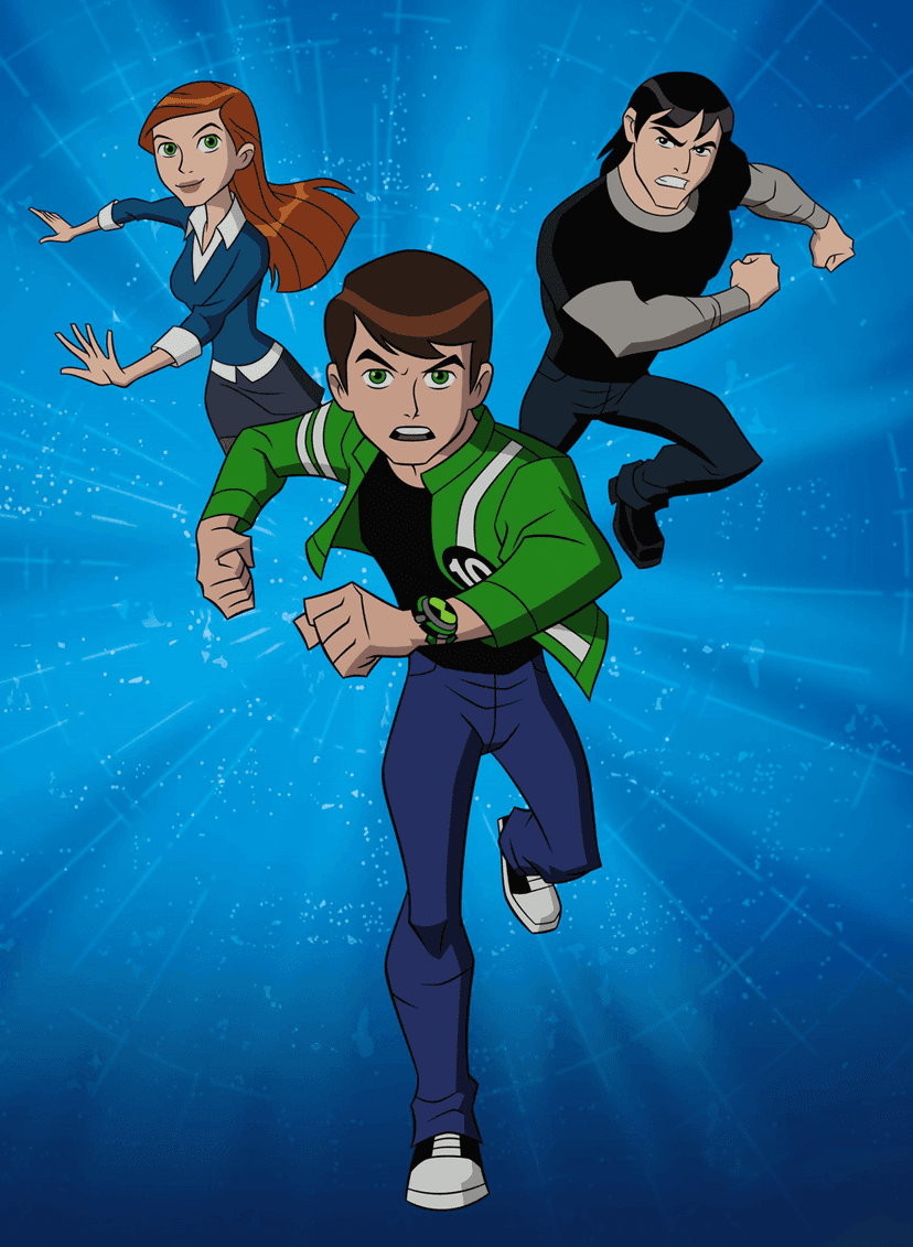 Ben Tennyson, Gwen, and Kevin Levin run forward against a bright blue background with white radiating lines.