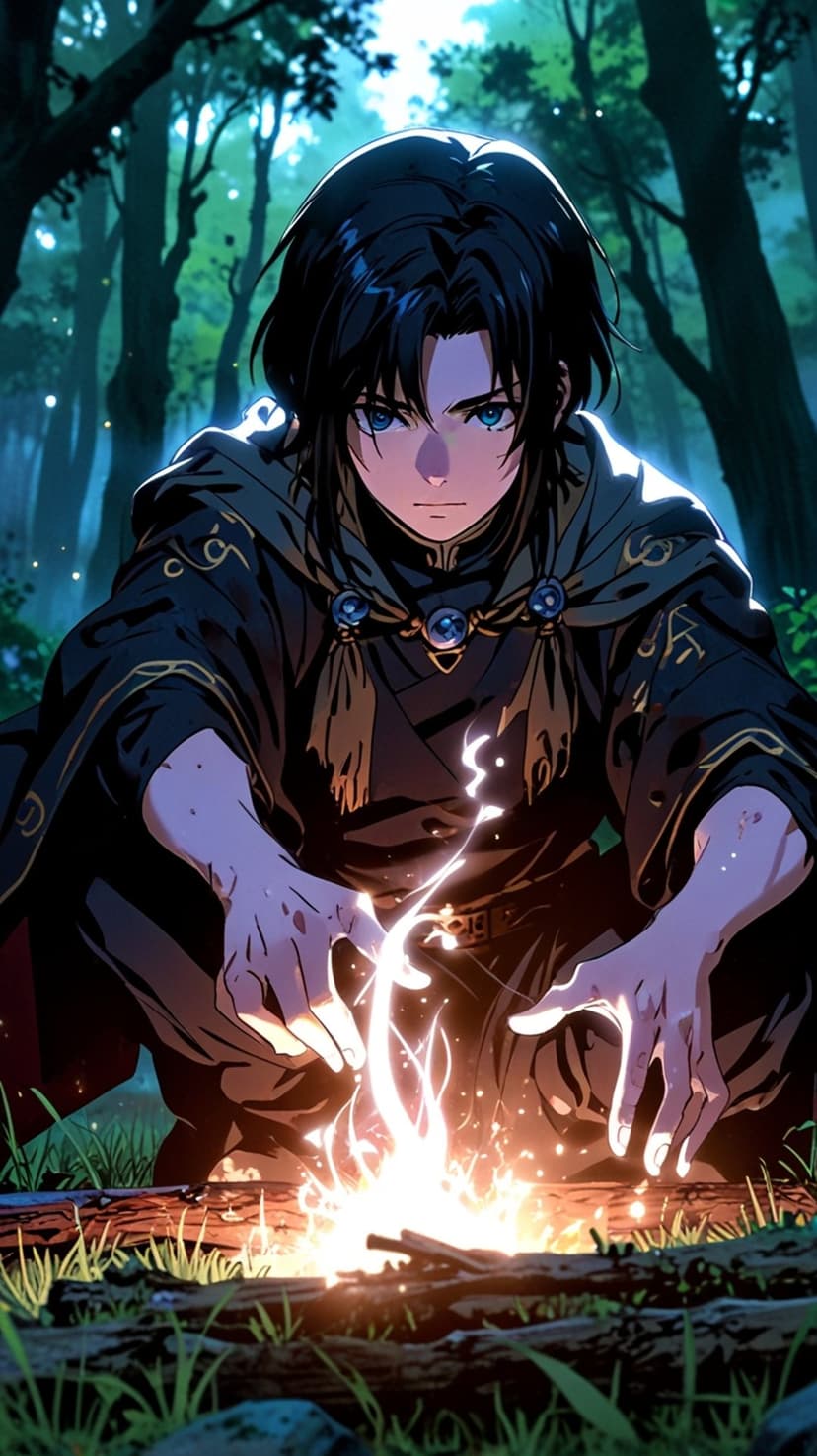 Young man with blue eyes and a black cloak crouches over a small fire in a dark forest beneath a full moon.