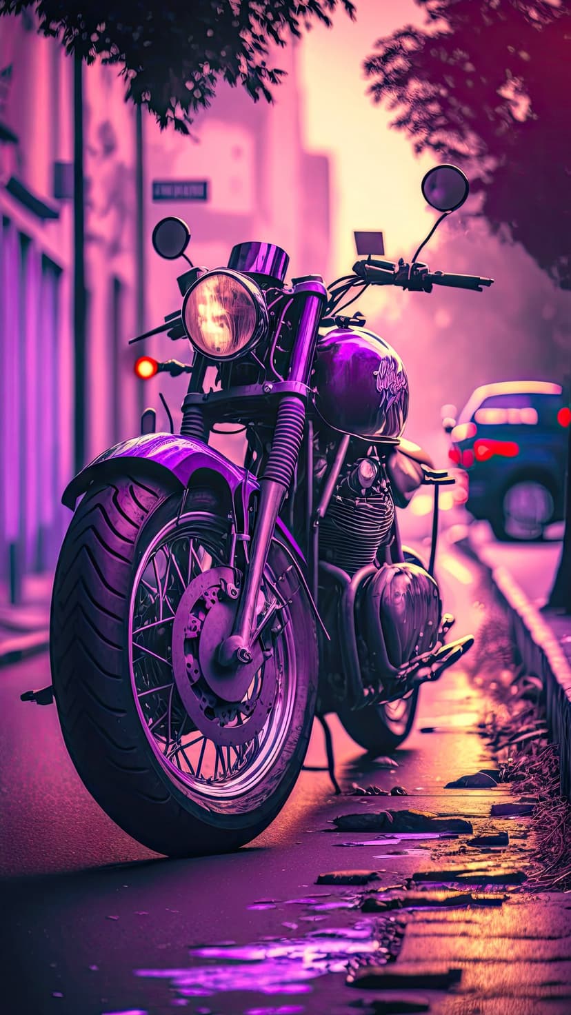 Purple vintage motorcycle parked on a wet street with vibrant neon light reflections on the dark asphalt.