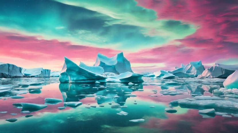 Pink and turquoise Northern Lights swirl over jagged icebergs reflected in calm, dark Arctic ocean waters.