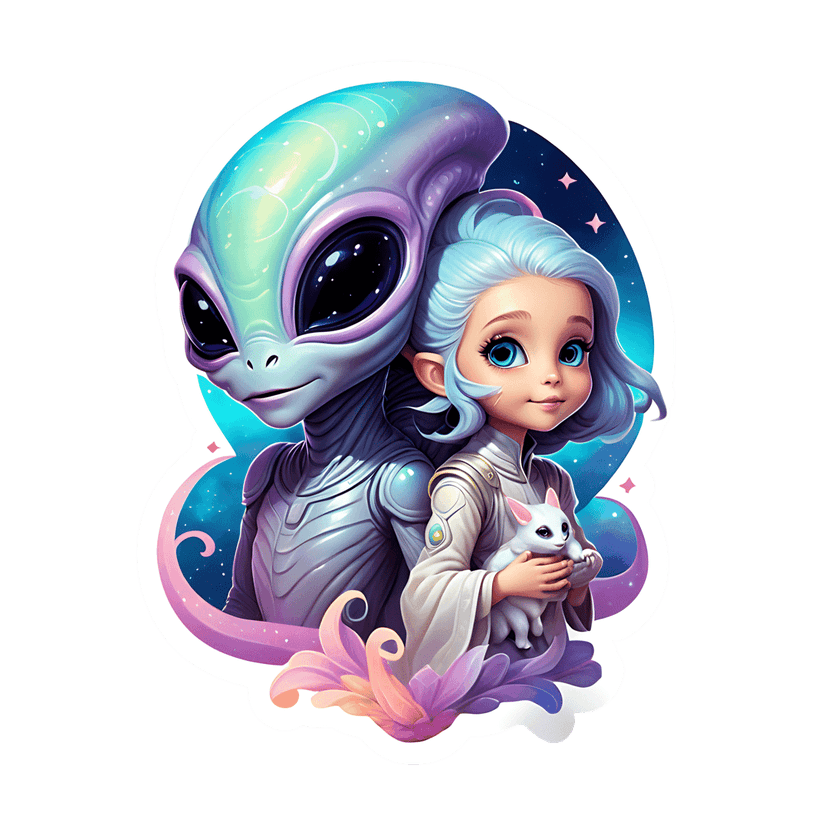 Extraterrestrial alien and blue-haired girl holding a white cat stand together against a starry sky background.