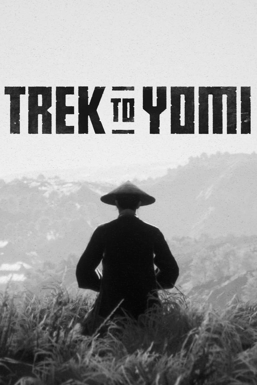 Samurai in a conical hat stands in tall grass facing misty mountains in a cinematic black and white scene.