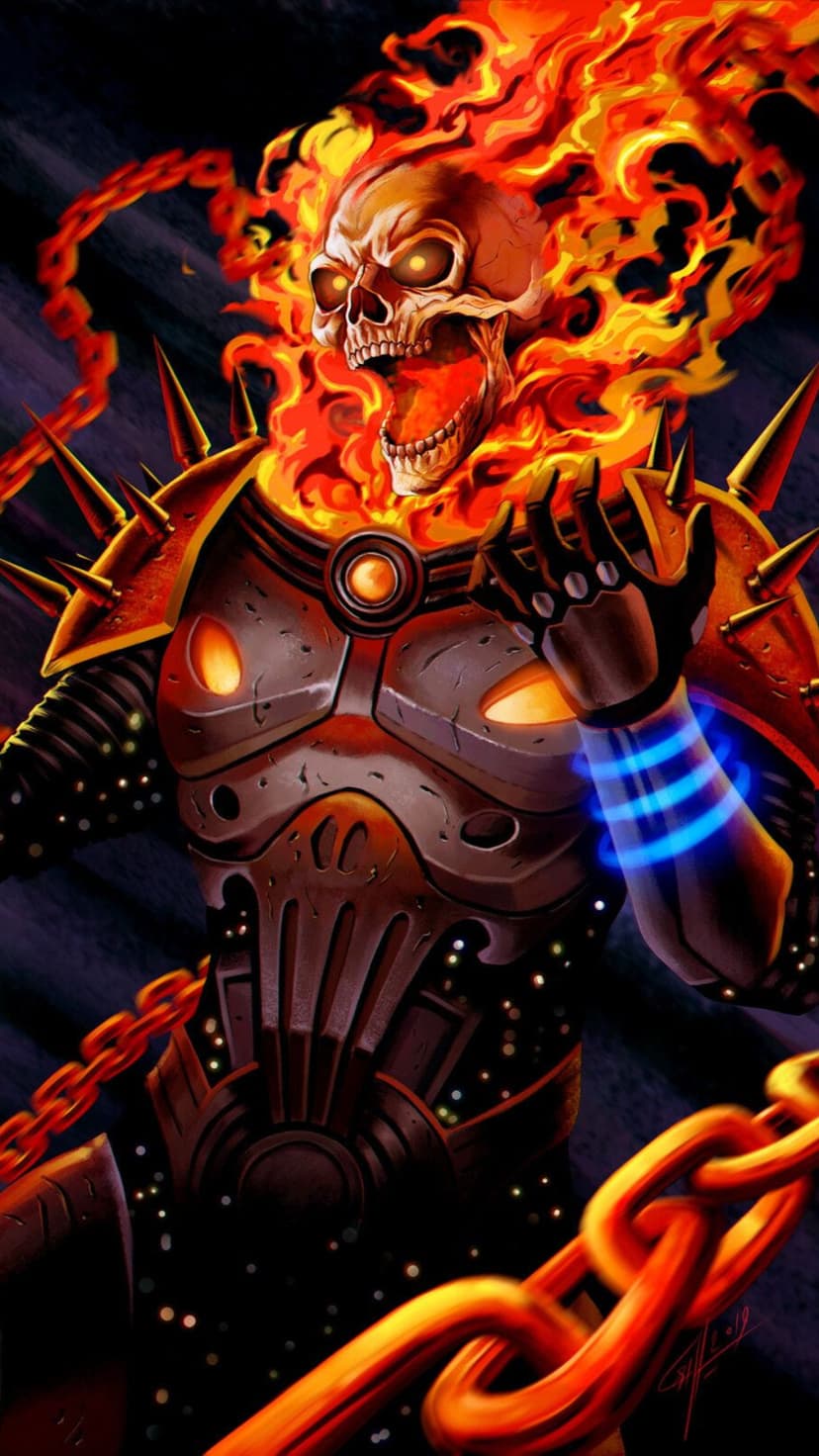 Ghost Rider with a flaming skull and spiked black armor holds glowing chains against a dark starry background.