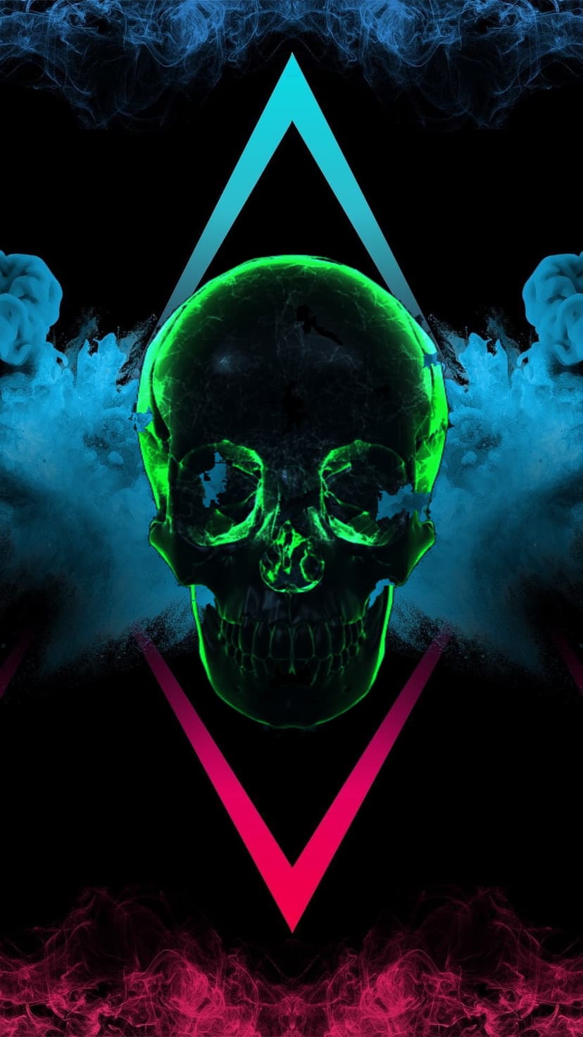 Glowing green skull framed by teal and pink triangles amidst swirling blue mist against a dark background.