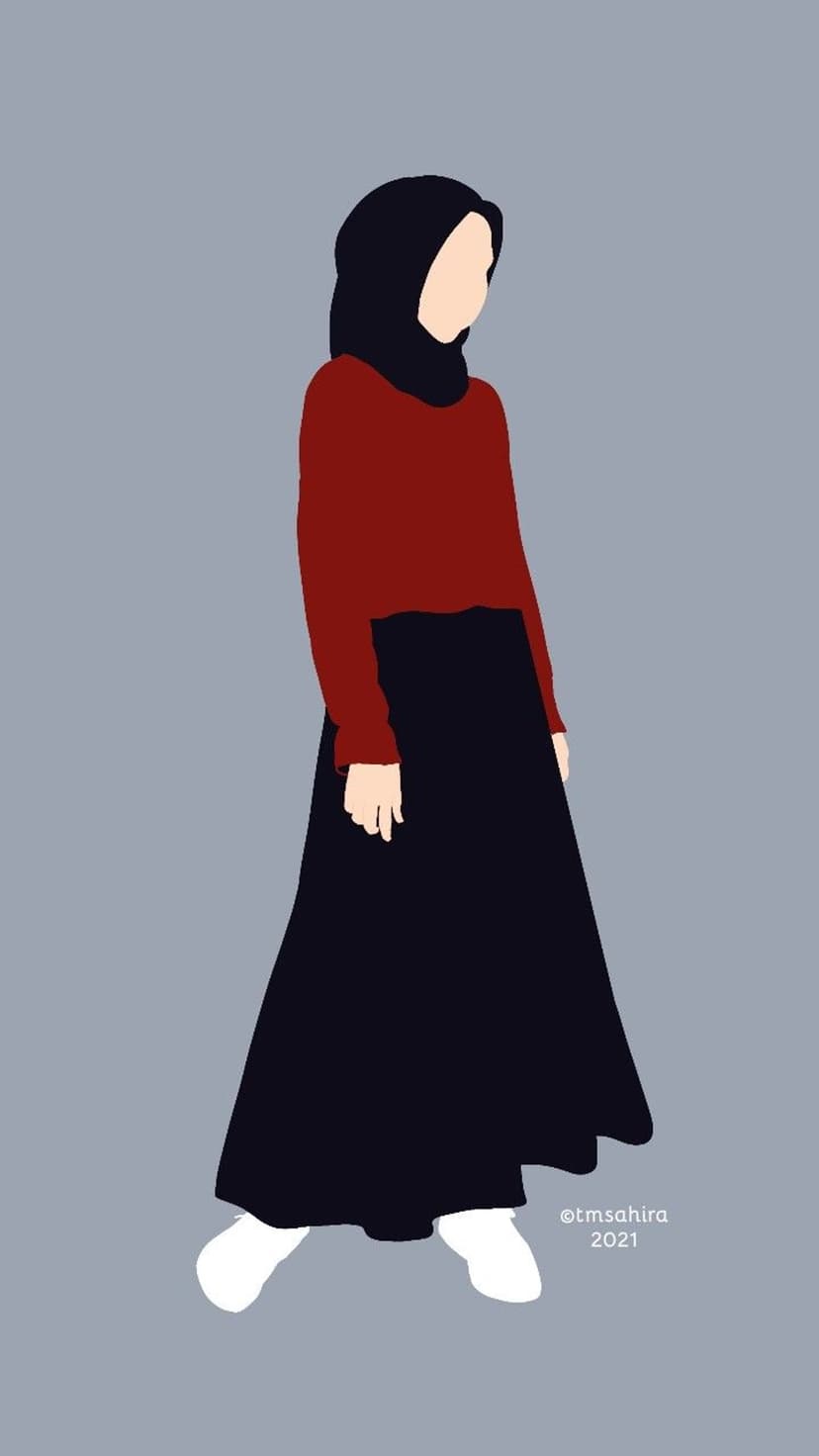 Muslim woman in a black hijab and red top stands in profile wearing a long blue skirt against a grey backdrop.