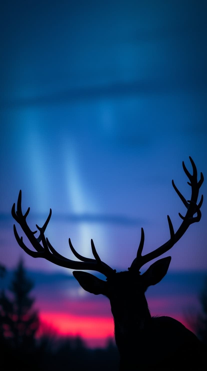 Deer silhouette with large antlers stands against a pink and blue aurora borealis during a winter twilight.