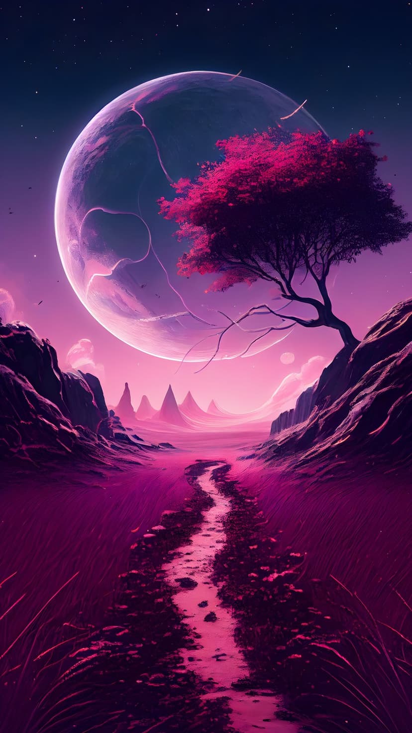 Massive glowing planet looms over a winding river and a pink silhouetted tree on a jagged alien world.