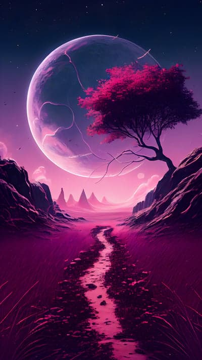 Vibrant Pink Moonlit Alien Landscape Mobile Background