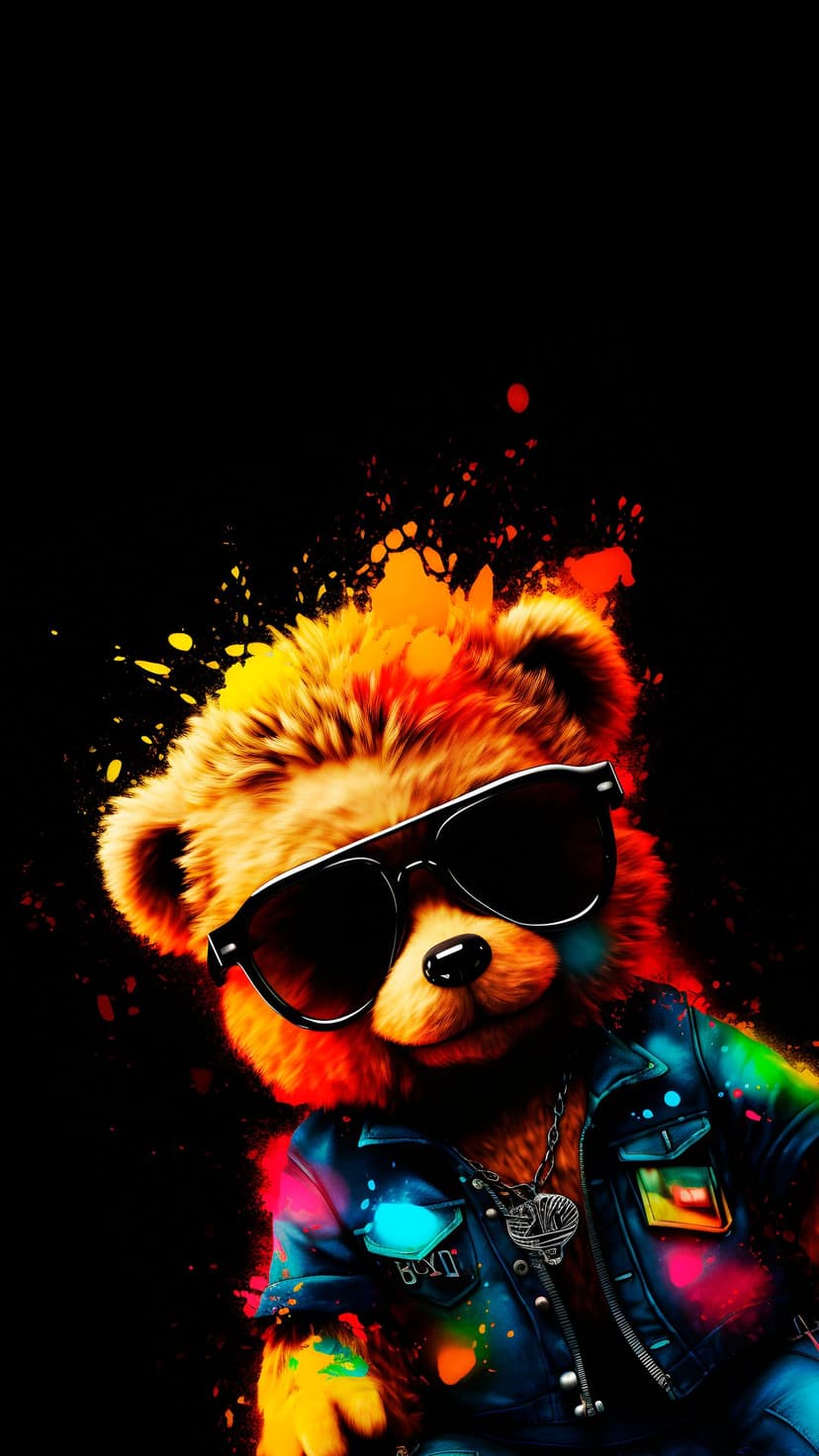 Orange fluffy bear wearing black sunglasses and a colorful paint-splattered leather jacket with a silver chain.