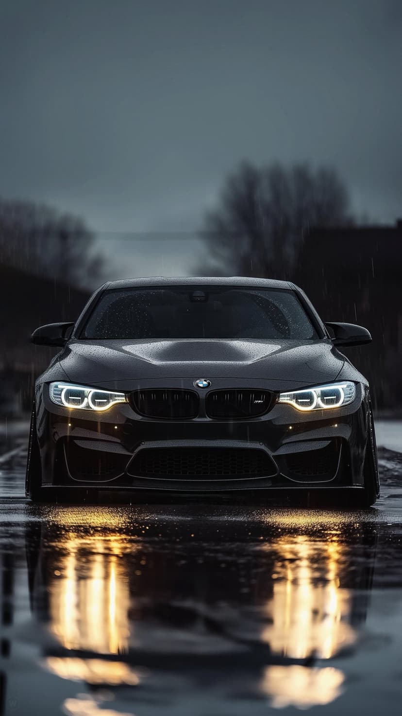 BMW M4 sports car with glowing headlights reflects on a wet road during a moody, overcast rain storm.