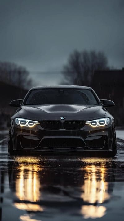 Dark BMW M4 in Rain Reflected on Wet Road