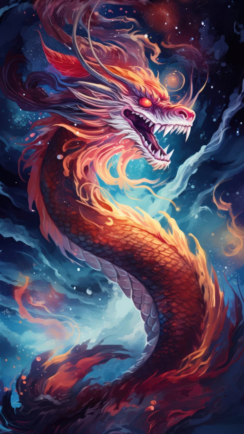 Dragon with a flaming mane and glowing red eyes coils amidst swirls of deep blue and purple celestial gas.