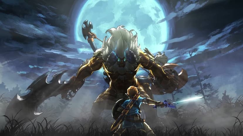 Link faces a massive golden Lynel under a glowing blue full moon in a misty field at night with a glowing sword.