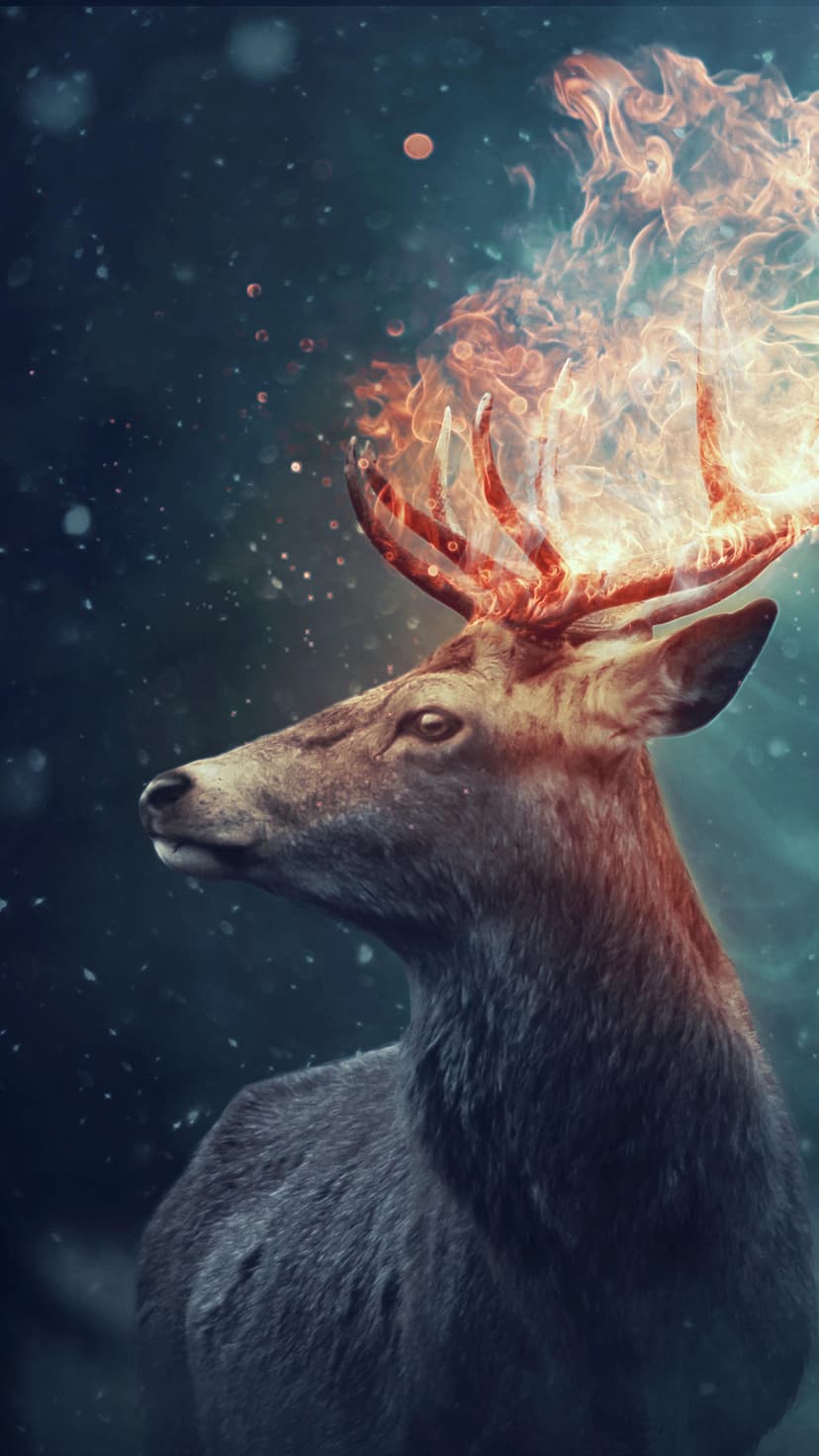 Majestic stag with antlers engulfed in orange flames standing in a dark, misty forest with floating embers.