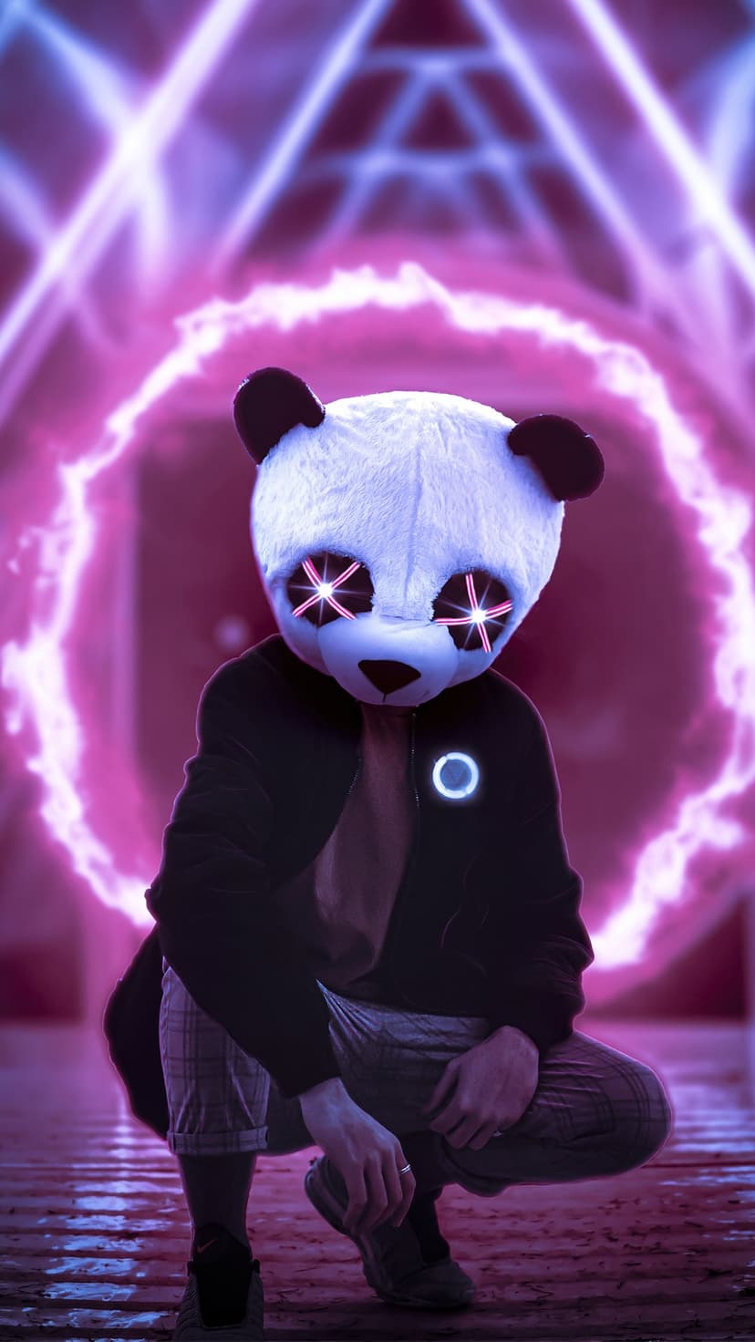 Figure wearing a panda mask with pink glowing X eyes crouches in front of a swirling violet neon energy portal.