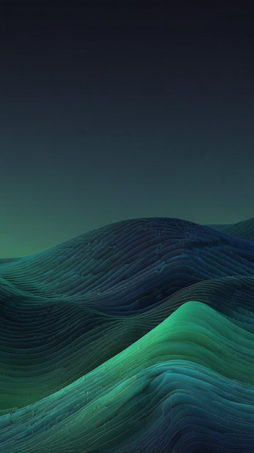 Rippling teal and blue topographic waves overlap to form a textured, vertical landscape with deep shadows.